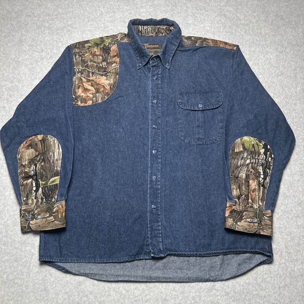 Trebark By Lynch Men XL Button Down Blue Denim Camo Elbow Shoulder Patch